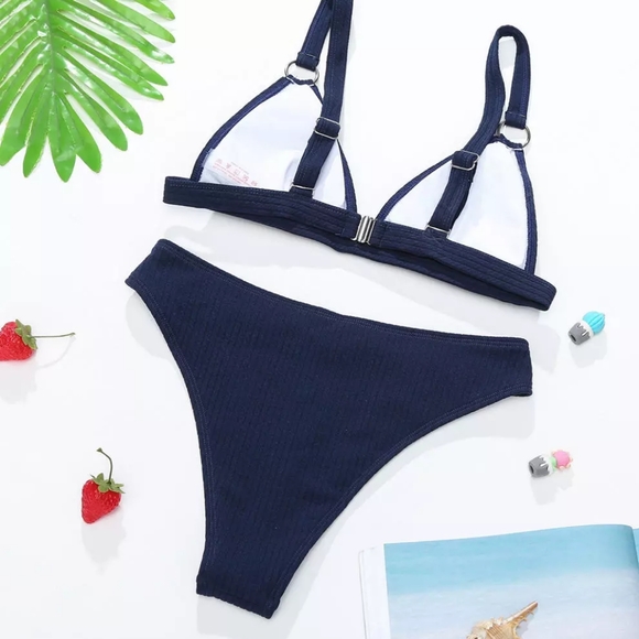 New Ribbed Triangle Bralette High Waist Bikini Set - Picture 6 of 9